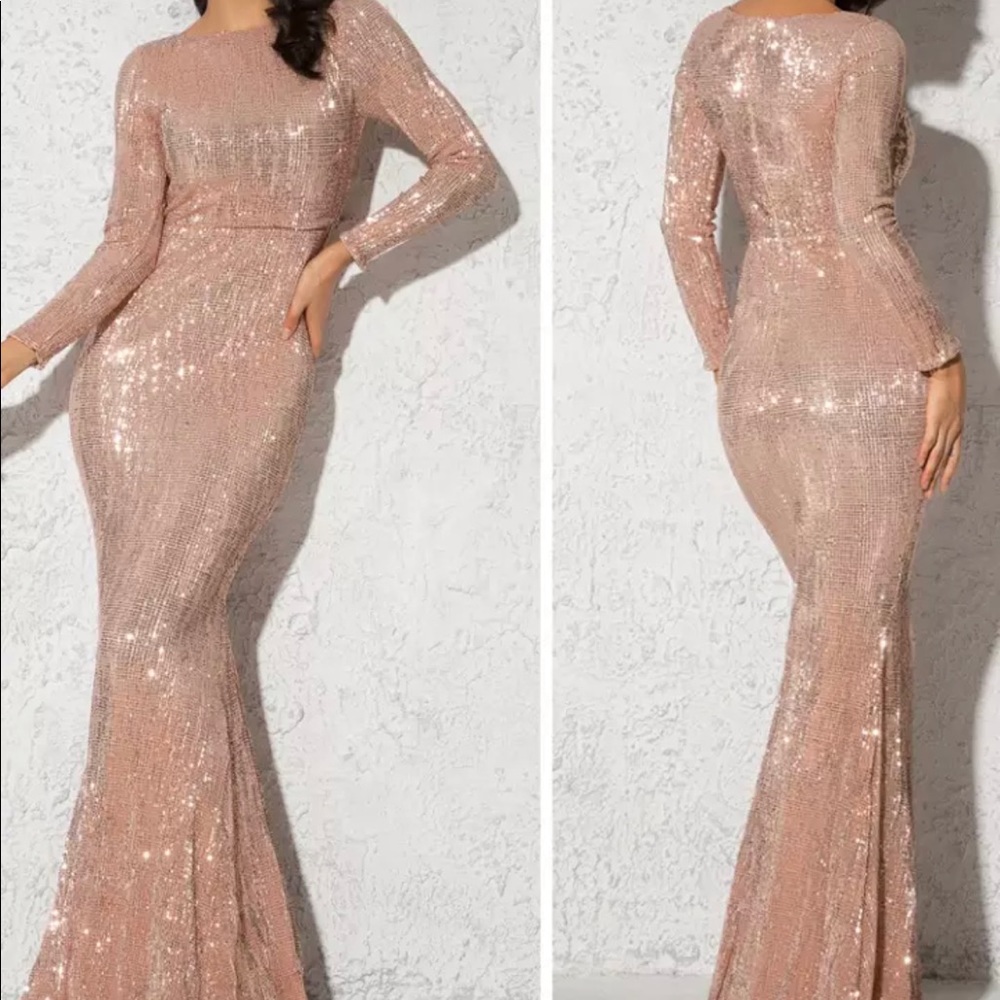 Shiny Long Sleeve Maxi Dress Sequin Stretchy O Neck Full Lining Evening Gown